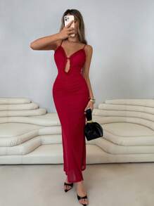 Roylia Vestido de tirantes rojo de malla con volantes en el bajo, diseño sexy calado, abertura en la espalda, silueta ajustada, para salir