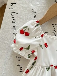 SHEIN LMoss Kids Babygirl Cute Cherry Print Loose Short Sleeve Casual Vacation Dress, Summer - White - View 4