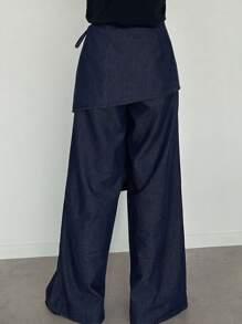 FRIFUL Pantalones rectos con volante desmontable en azul oscuro lavado con set casual y versátil de 2 piezas, ideal para usar en el aeropuerto y de vacaciones