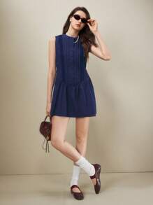 Muvela 女士纯色褶皱单排扣无袖迷你连衣裙，女士夏装，女士度假装