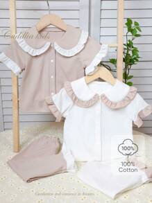 4Pcs/Set Baby Girls Soft Smooth Comfortable Solid Color Outfit With Ruffled Collar, Sleeve Cuffs And Hem In White And Khaki, Including Short Sleeve Cardigan And Matching Pants, Simple Classic Style With Vintage Vibe - Multicolor - View 1
