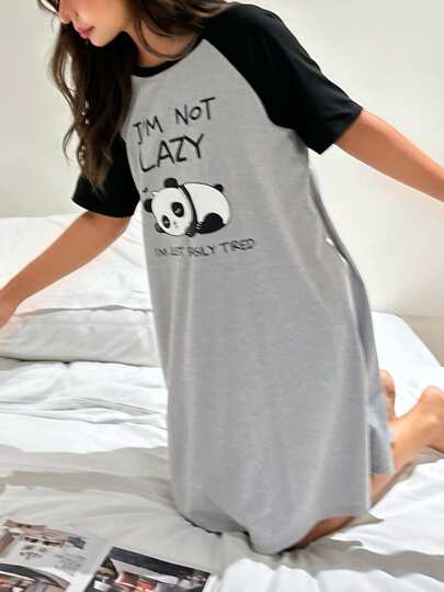 SHEIN Teen Girls' Casual Loose Panda Print Colorblock Short Sleeve Nightgown