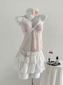 SHEIN EZwear Plus Size Contrast Color Spaghetti Strap Lace Patchwork Sleeveless Summer Camisole Babydoll Camisole Pink Lace Camisole Embroidered Camisole