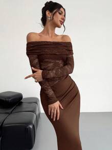 Firerie Women Elegant Sexy Minimalist Fashion Alluring Valentines Party Date Off Shoulder Textured Mesh Sheer Pintuck Low Waist Form-Fitting Red Long Sleeve Dress