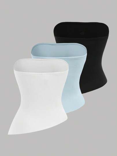 Girlism Bộ 3 món cho bé gái tuổi teen màu đen trắng xanh, áo ống croptop dệt kim có eo nhún bèo và gấu áo bất đối xứng, kiểu dáng đường phố đa năng, áo ống thể thao không dây dành cho nữ, bộ 3 áo mùa hè.
