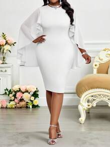 SHEIN Lady Elegante vestido de manga de capa, cuello redondo, fluido y ajustado a la cadera, de punto y gasa en rosa, para bodas, Pascua, graduaciones, invitadas de boda, vacaciones y estilo boho para mujeres