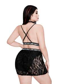 Whyspr Conjunto de camiseta transparente de encaje y shorts de encaje en tallas grandes, estilo sexy y punk - Negro - Ver 2
