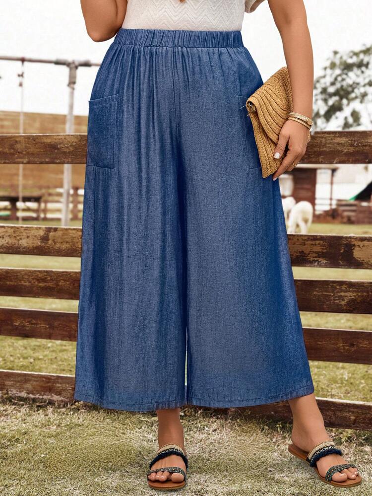 Plus Size Women's Early Spring And Summer Denim Effect 3/4 Pants, Blue Vacation Loose Wide Leg Trousers,Baggy Pants,Casual Everyday Wear