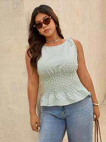 Elaquor Áo ba lỗ không tay viền bèo nhún kẻ caro cỡ lớn cho nữ, mùa hè - màu xanh lá - Xem 5