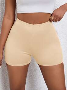 SHEIN 女性純色休閒短褲，夏季日常運動瑜珈 - 杏色 - 查看 2