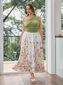 SHEIN MOD Plus Size Women's Olive Green Summer Elegant Wedding Guest Top,Drawstring Oblique Shoulder Cinched Waist Camisole,Bohemian Holiday Blouse - Green - View 6
