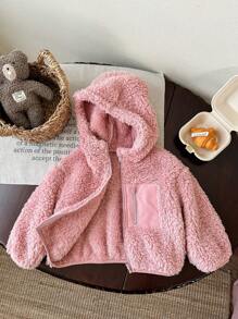 SHEIN Babygirl Cute Casual Versatile Pink Fluffy Hooded Jacket, Autumn/Winter Baby Girl Pink Jacket Baby Girl Winter Jacket Toddler Girl Fuzzy Jacket Pink Teddy Bear Jacket Baby Sherpa Jacket Fall - Multicolor - View 6