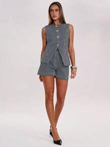 SHEIN BAE Damen gestreiftes Freizeithemd aus Denim ohne Ärmel mit Knopfleiste, Sommer - Dunkle Waschung - Übersicht 7