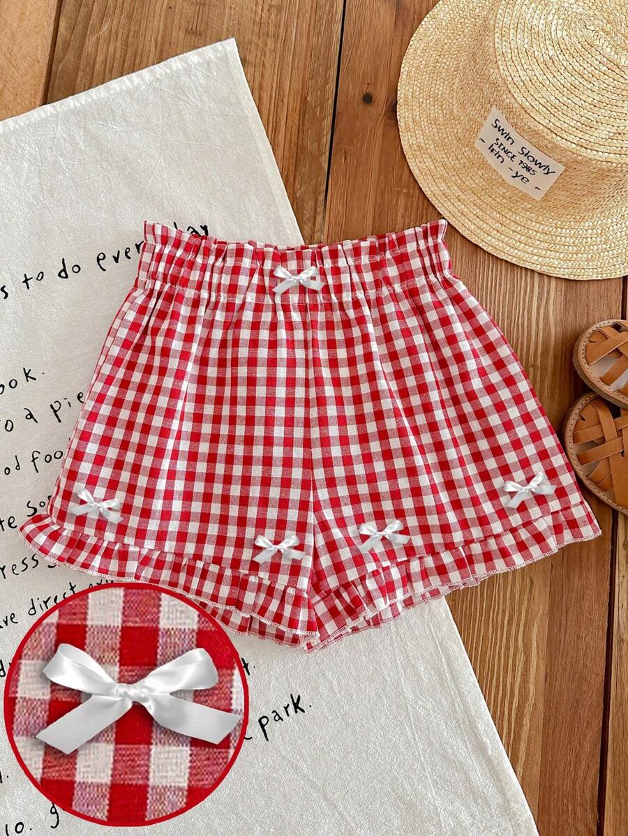 SHEIN EZwear Shorts casuales de mujer con acento de lazo blanco y volante a cuadros rojos, adecuado para el verano