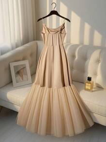 Franclia 女式夏季法式优雅简约醋酸纤维缎面网眼拼接吊带裙，长款