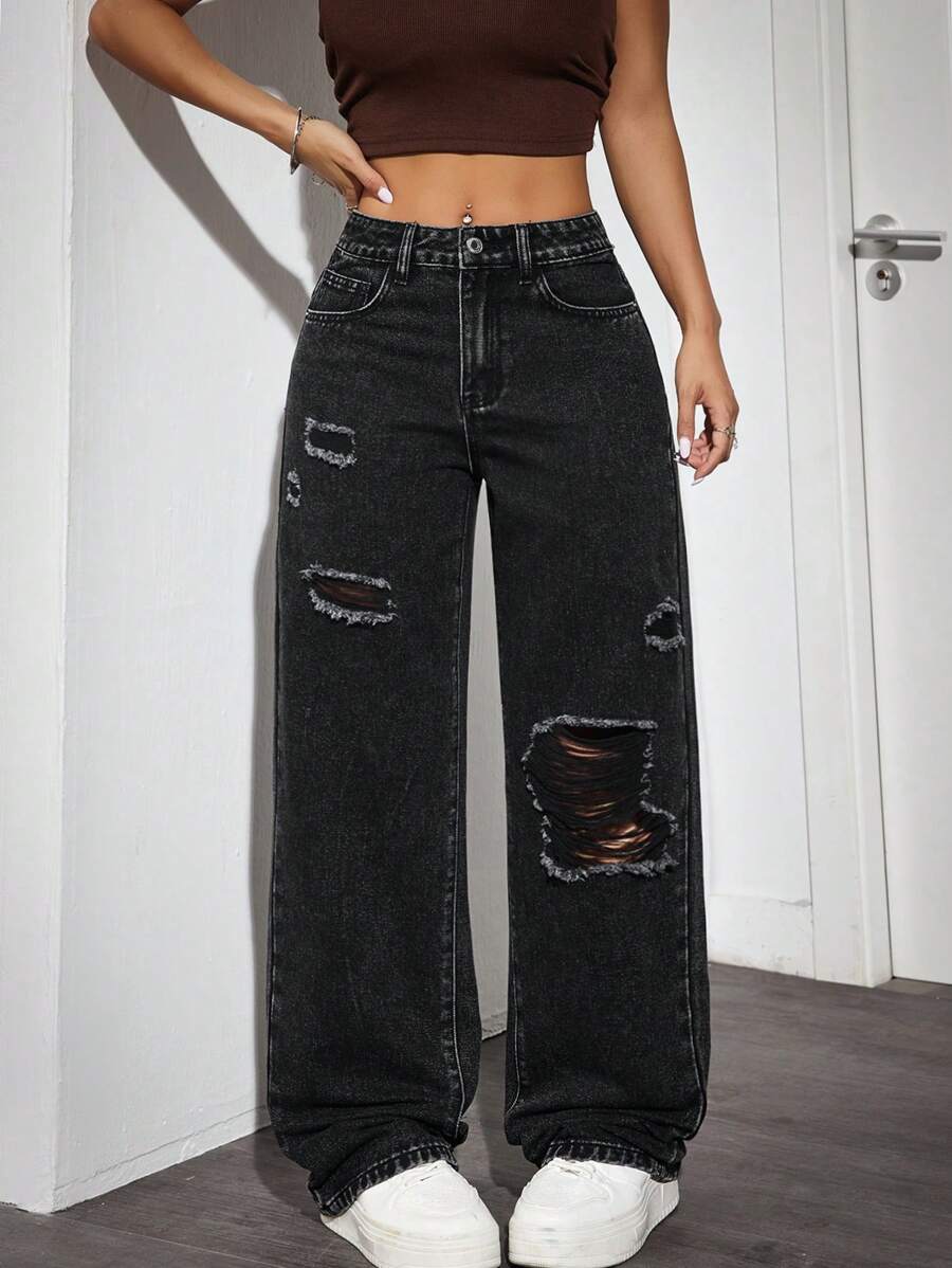 SHEIN PETITE 女士时尚破洞宽松高腰长款牛仔裤，夏季休闲装 - 黑色 - 查看 1