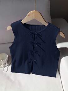 Comfortcana Women's Casual Navy Blue Bow Hollow-Out Knitted Sweater Going Out Tops Women - Royal Blue - View 3