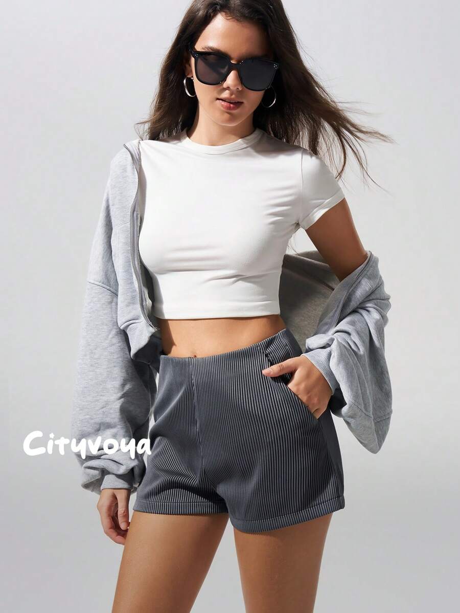 Menodora SHEIN Sport 女式休闲纯色罗纹针织斜口袋灯芯绒短裤