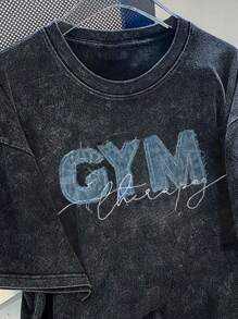 SHEIN 女士做旧字母印花酶洗T恤 - 黑色 - 查看 3