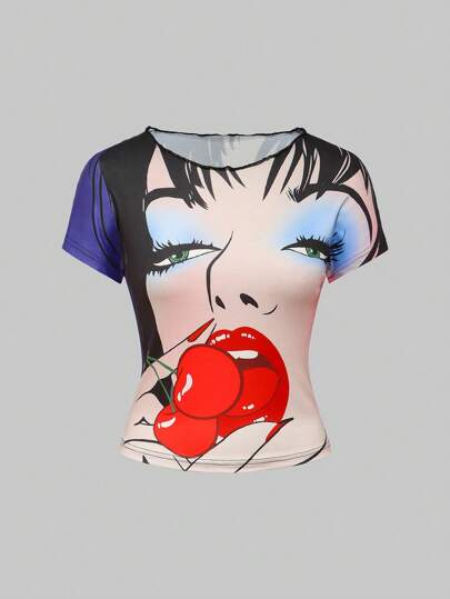 ROMWE Avant قميص نساء طباعة صورة كلاسيكية Y2K بألوان متباينة