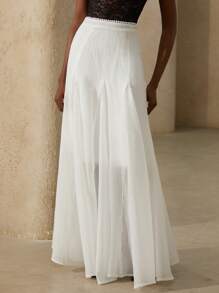 Aveloria Rosie 高端淑女碎花拼接荷叶边下摆纹理面料半身裙，法式奢华风 - 白色 - 查看 4