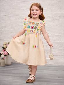 SHEIN Leap Crew 年轻女孩编织纯色拼布彩色饰边流苏方领连衣裙