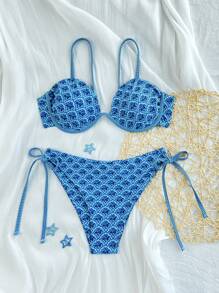Swim Mod 2pcs/Set Women Fashion New Random Print Wire Rimmed Triangle Swim Bottoms Summer Beach Bikini Swimsuit Set - Blue - View 2
