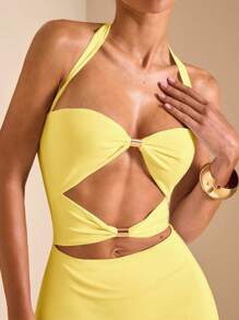 SHEIN BAE Đầm Maxi Ôm Sát Gợi Cảm Khoét Hở Lưng Buộc Dây Kim Loại Nhiều Lớp, Phong Cách Kỳ Nghỉ - Màu vàng - Xem 3