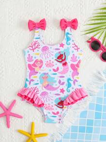 Baby Girls Mermaid Print Knit Fabric Swimsuit, Shoulder Double Bow Decor, Ruffled Leg, One-Piece Swimwear, Fashion And Elegant, Suitable For Swimming, Vacation, Summer Baby Girls Clothing Swimsuits Swimsuit Set For Baby Girl Baby Girl Swimwear Baby Girl Clothes Beach Swimsuit For Baby Girls - Multicolor - View 1