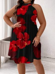 SHEIN Clasi Plus Size Red Tropical Floral Print Dress, Suitable For Summer,Summer Dresses For Women,Flowy Dress Suitable For Going Out Chic Dress - Black - View 1