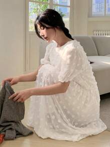 DAZY 女士纹理短袖透视中长连衣裙，舒适 - 白色 - 查看 2