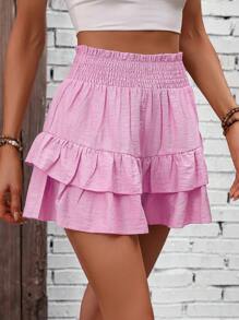 SHEIN Tall 女士纯色高腰多层荷叶边短裙，适合度假穿着 - 粉色 - 查看 3