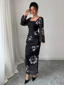 Modelyn 女士花卉印花优雅方领系腰中长连衣裙女式长款晚礼服 - 灰色 - 查看 4