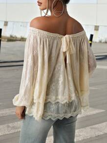 SHEIN ICON 女士性感单肩蕾丝拼接半透明衬衫，可双面穿 - 杏色 - 查看 2