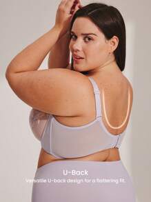LUVLETTE Lencería para mujer plus size con sujetador sin relleno de malla y encaje, con aros, full coverage, push-up y transpirable, en color púrpura minimalista