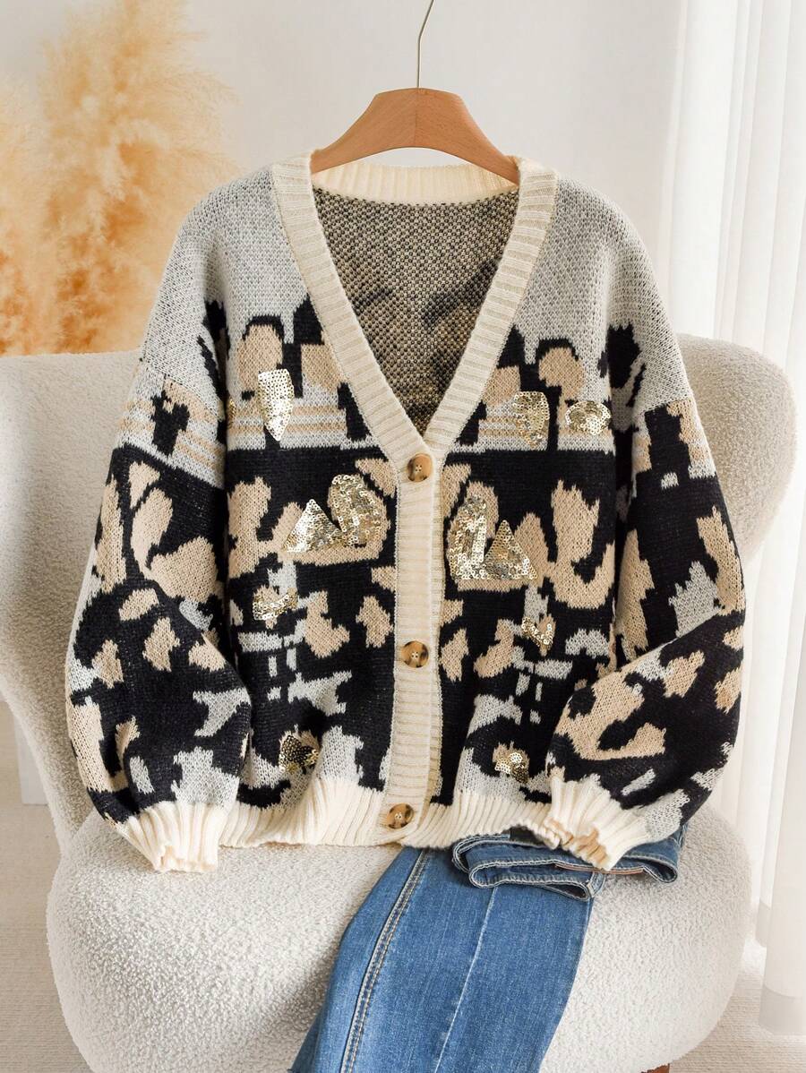 CosyJoli Plus Size Women Leopard Print Sequin Design Single Breasted Long Sleeve Cardigan In Fall/Winter