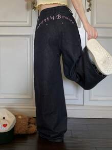 DAZY 女式韩版水洗刺绣宽松阔腿休闲牛仔裤 - 藍色 - 查看 4