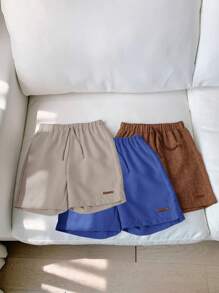 SHEIN 3pcs Young Boys Casual School Solid Color Elastic Waist Drawstring Shorts Set - Navy Blue - View 4