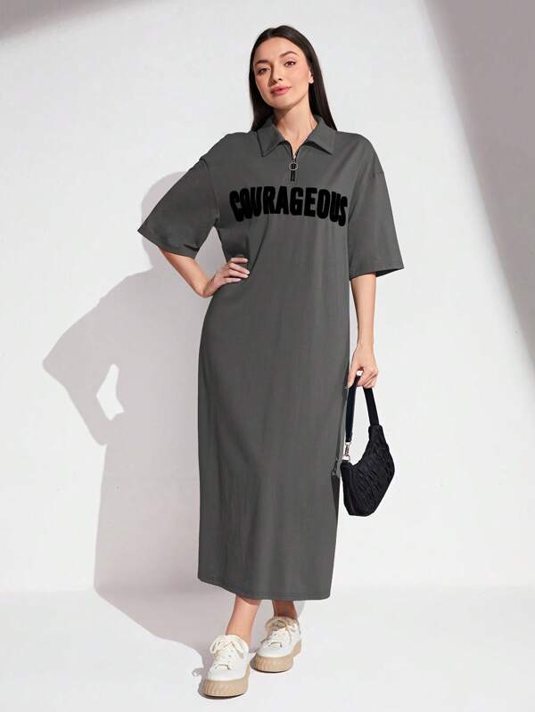Mulvari Women Simple Print Collar Short Sleeve Dress