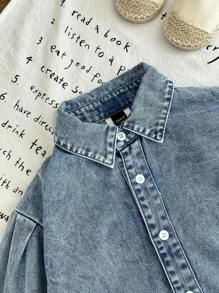 SHEIN Mädchen lange, weite Denim-Bluse mit umlegekragen und elastischem Bündchen