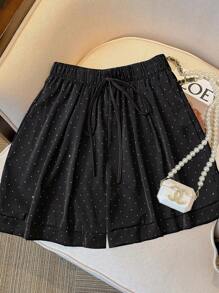 Flirla Plus Size Women Rhinestone Decor Waist Tie Loose Fashion Shorts - Black - View 1