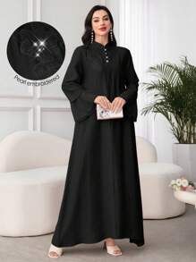 Al Najma Arab Style Women's Loose Fit Long Sleeve Dress With Applique, Stand Collar, And Mesh Patchwork Fall Cloth For Women - Black - View 6