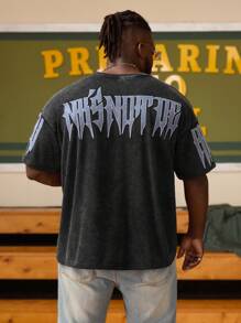 EASEVO Plus Size Men Street Fashion Loose Knit Patch Embroidered Black T-Shirt - Black - View 2