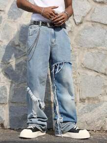 Manfinity EMRG 男士休闲宽松破洞阔腿牛仔裤 - 藍色 - 查看 1