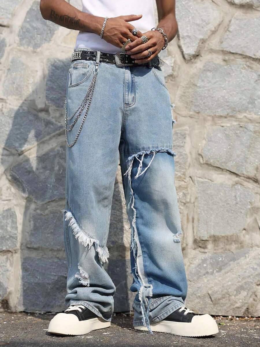 Manfinity EMRG 男士休闲宽松破洞阔腿牛仔裤 - 藍色 - 查看 1