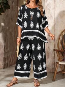 EMERY ROSE 大码复古休闲全印花圆领上衣和裤子两件套