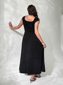 Firerie Đầm midi cổ vuông đính ngọc trai đen mới cho nữ cỡ lớn, dáng ôm vừa vặn, dáng suông, cổ điển thanh lịch cho mùa xuân hè, thích hợp đi làm, thanh lịch, lãng mạn, hẹn hò, hòa nhạc, đám cưới, ngày của mẹ, tiệc tốt nghiệp - màu đen - Xem 2