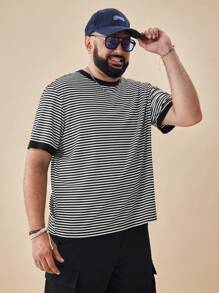 EASEVO Men's Knit Casual Daily Loose Striped Short Sleeve Oversized T-Shirt (Plus Size), Summer - Black - View 6