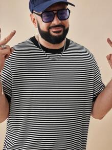 EASEVO Men's Knit Casual Daily Loose Striped Short Sleeve Oversized T-Shirt (Plus Size), Summer - Black - View 7