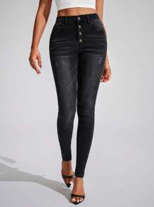 SHEIN Tall Women's Mid-Waisted Multibutton Distressed Skinny Jeans - Black - View 1